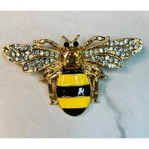 Gold Tone Honey Bee Brooch Pin Rhinestone Accents -340